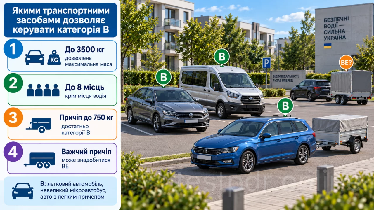 Категорію B визначають за дозволеною максимальною масою автомобіля, кількістю місць і характеристиками причепа.
