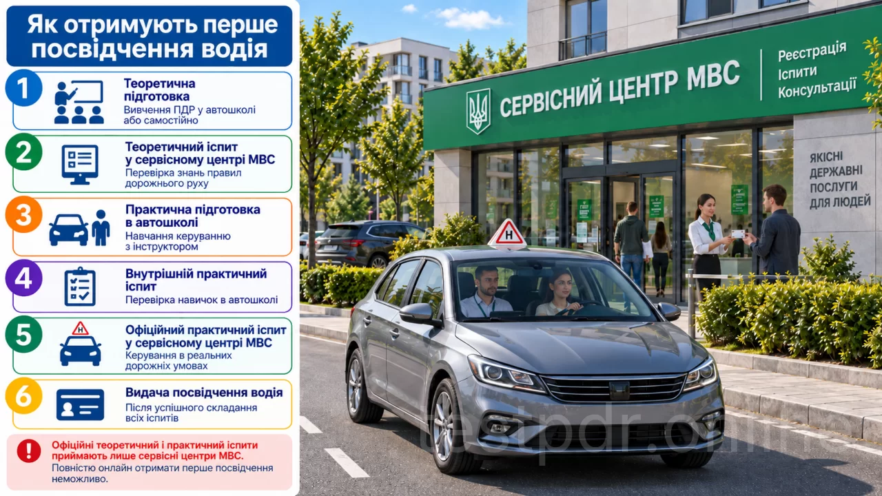 Підготовка до першого посвідчення включає вивчення теорії, офіційний теоретичний іспит, практичне навчання та іспити з керування.