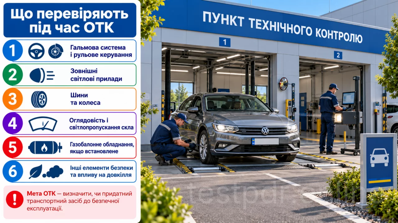 Під час технічного контролю перевіряють системи керування й гальмування, освітлення, шини, оглядовість та інші елементи безпеки.