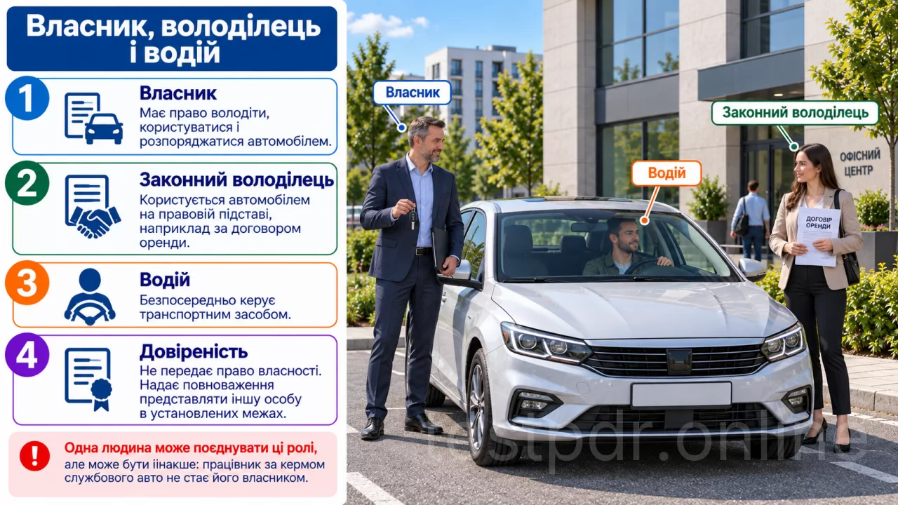 Власник має право розпоряджатися автомобілем. Правомірне користування та безпосереднє керування можуть здійснювати інші особи.