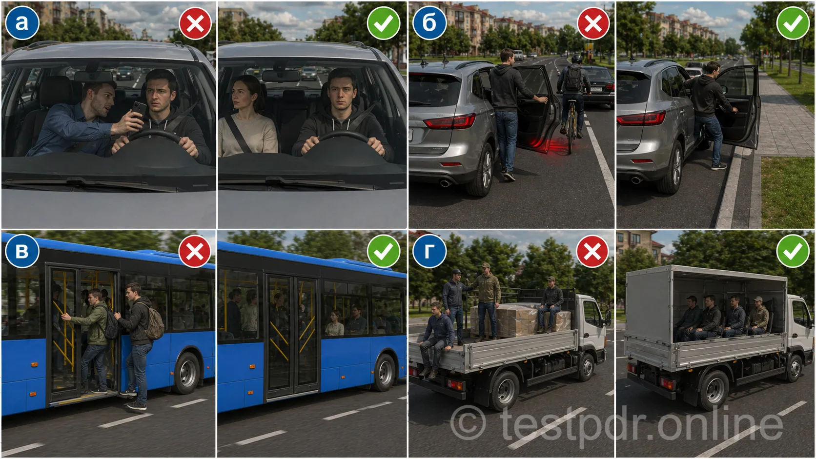 Панель «а» показує відволікання водія пасажиром. Домовтеся до поїздки, що розмови й налаштування пристроїв не повинні заважати керуванню. Інші панелі ілюструють окремі обов’язки пасажира.
