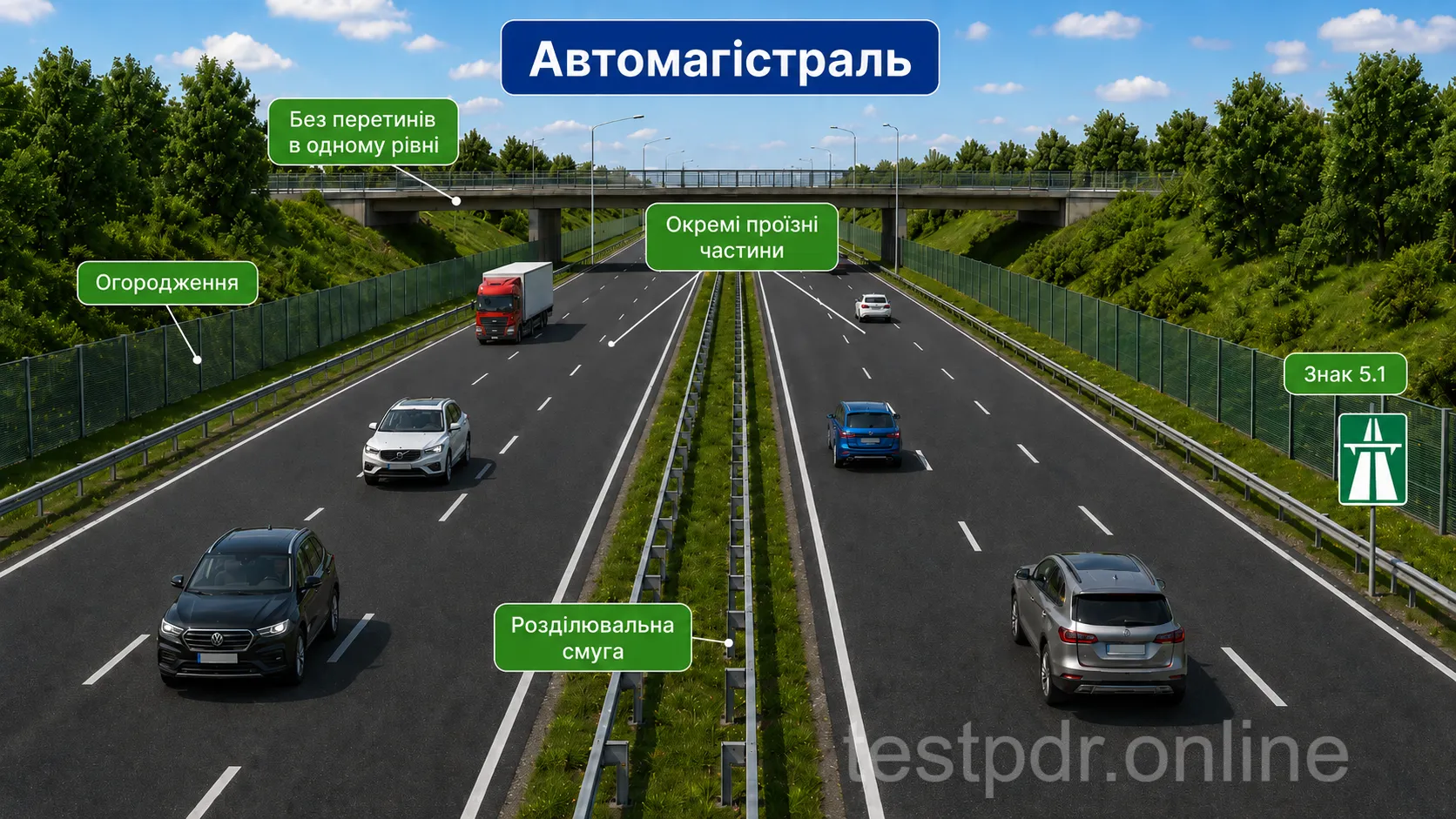 На автомагістралі розділені зустрічні напрямки та відсутні перетини на одному рівні.