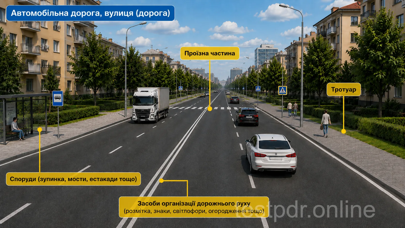 До дороги належать проїзна частина та інші показані елементи в її межах.