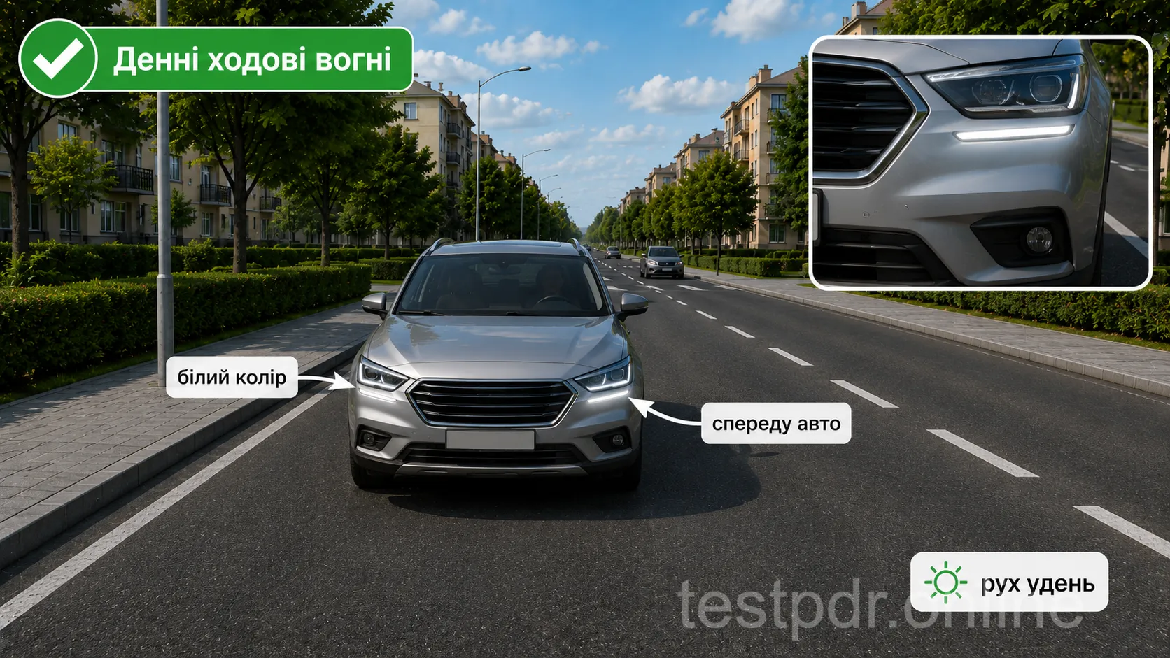 Білі вогні спереду автомобіля допомагають зробити його помітнішим під час денного руху.