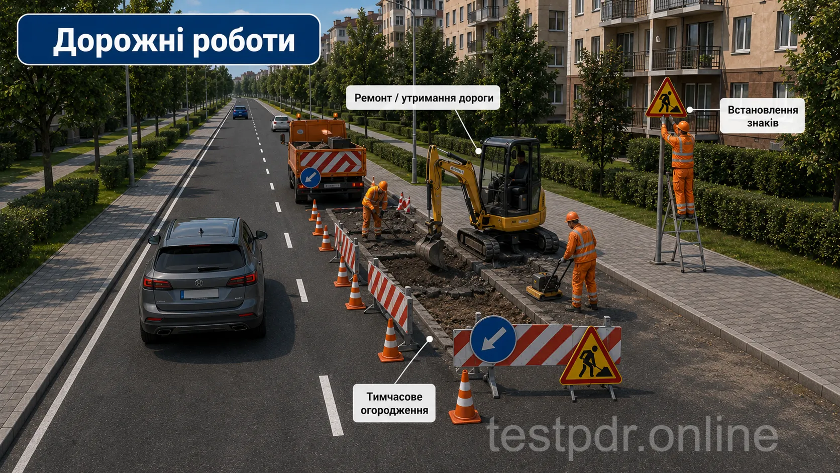 Огороджена робоча зона, дорожня техніка та тимчасові знаки на ділянці ремонту.