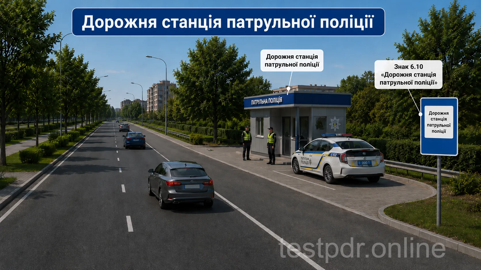 Позначена знаком дорожня станція з будівлею для несення служби патрульними поліцейськими.
