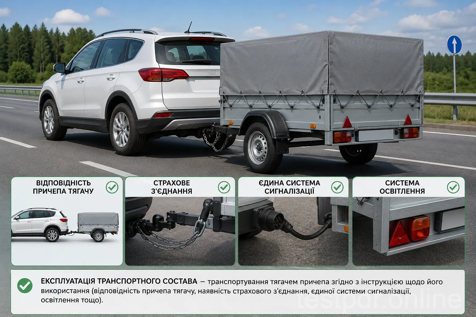 Для використання причепа потрібні сумісність із тягачем, надійне з'єднання та справні світлові сигнали.