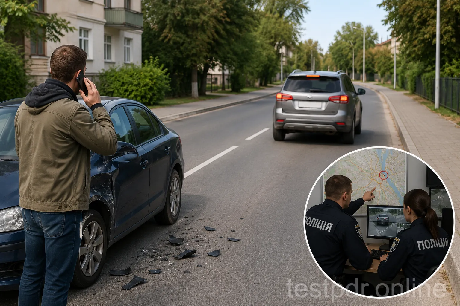 Пошкоджений автомобіль, транспорт, що віддаляється, та звернення до поліції ілюструють ситуацію після пригоди.