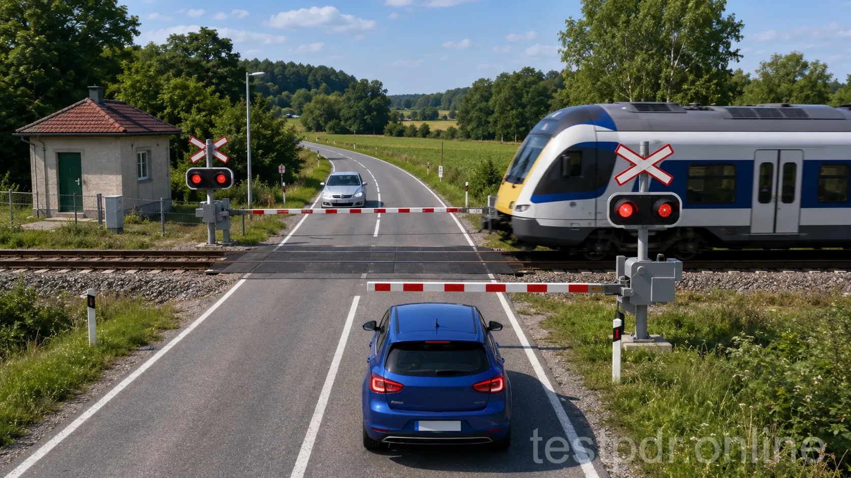 Дорога і залізничні колії перетинаються на одному рівні — це залізничний переїзд.