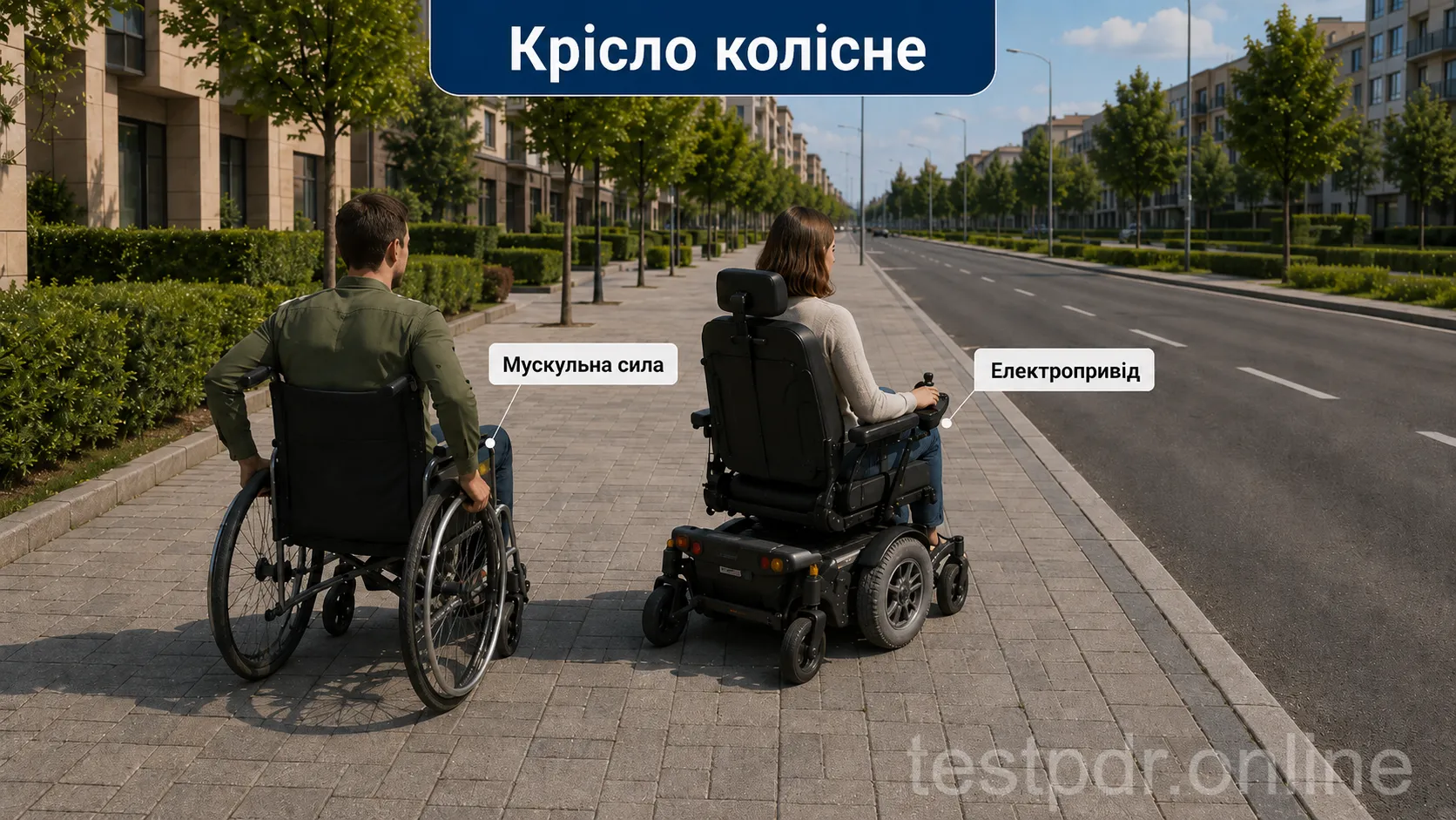Поруч показані крісло з мускульним приводом і крісло з електроприводом — обидва охоплюються цим терміном.