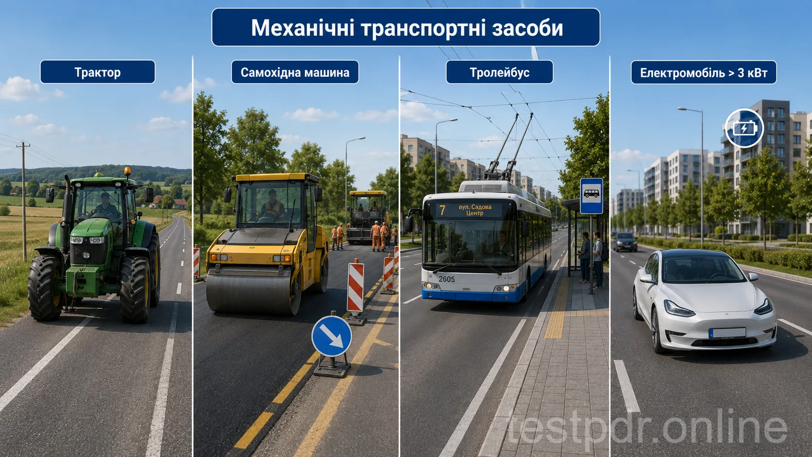 Трактор, самохідна машина та тролейбус належать до механічних транспортних засобів. Для електротранспорту важливий поріг потужності понад 3 кВт.