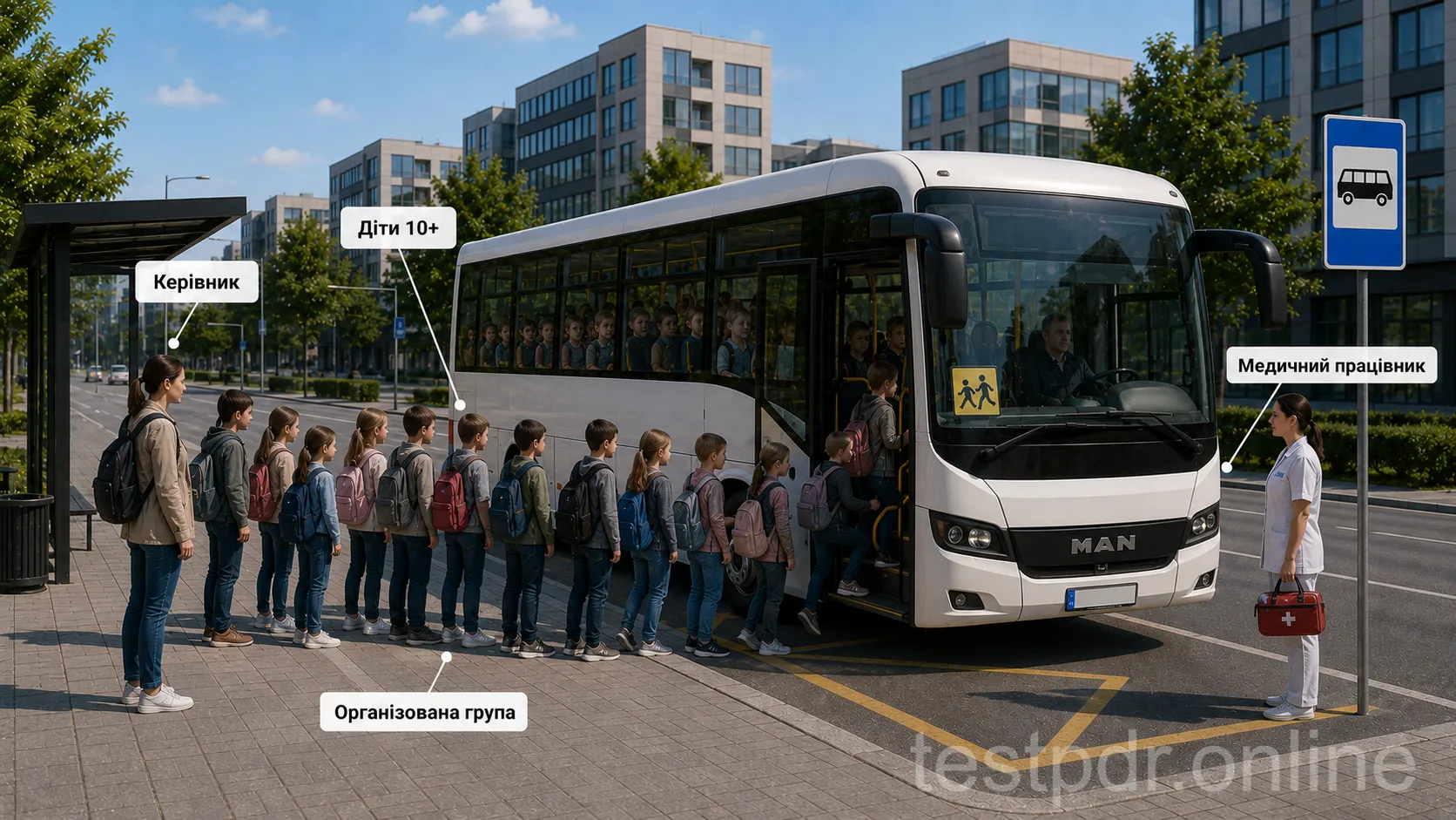 Діти біля автобуса, керівник і медичний працівник ілюструють різні умови супроводу організованої групи.