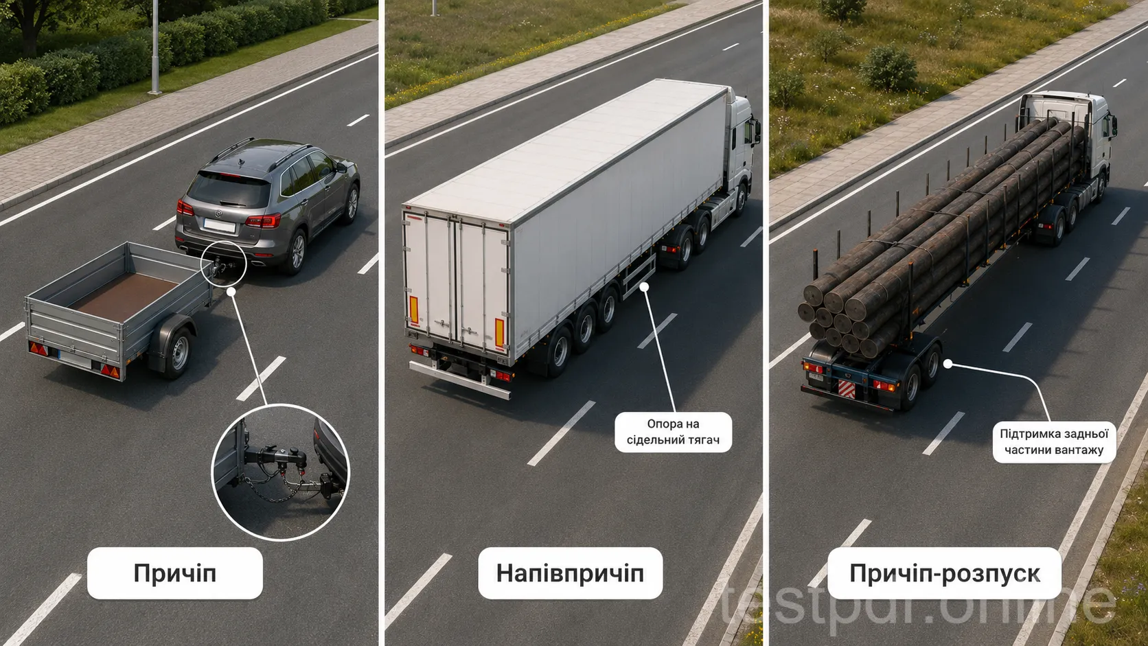 Різновиди причіпного транспорту: причіп, напівпричіп і причіп-розпуск.