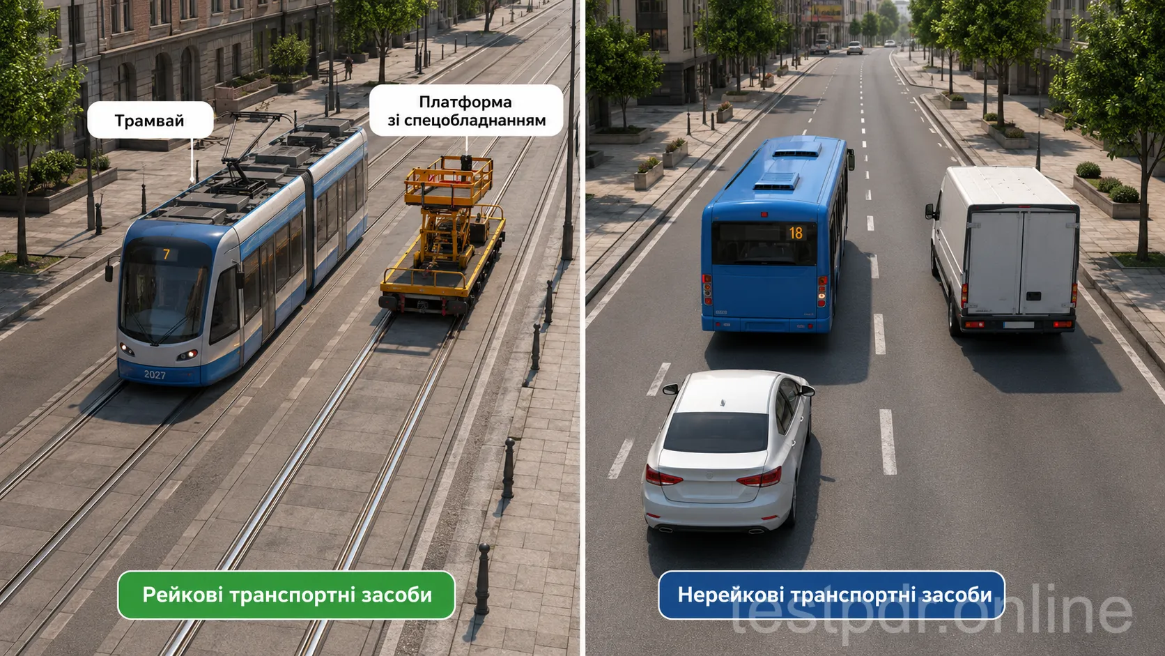 Трамвай і спеціальна платформа на трамвайній колії протиставлені нерейковим транспортним засобам.