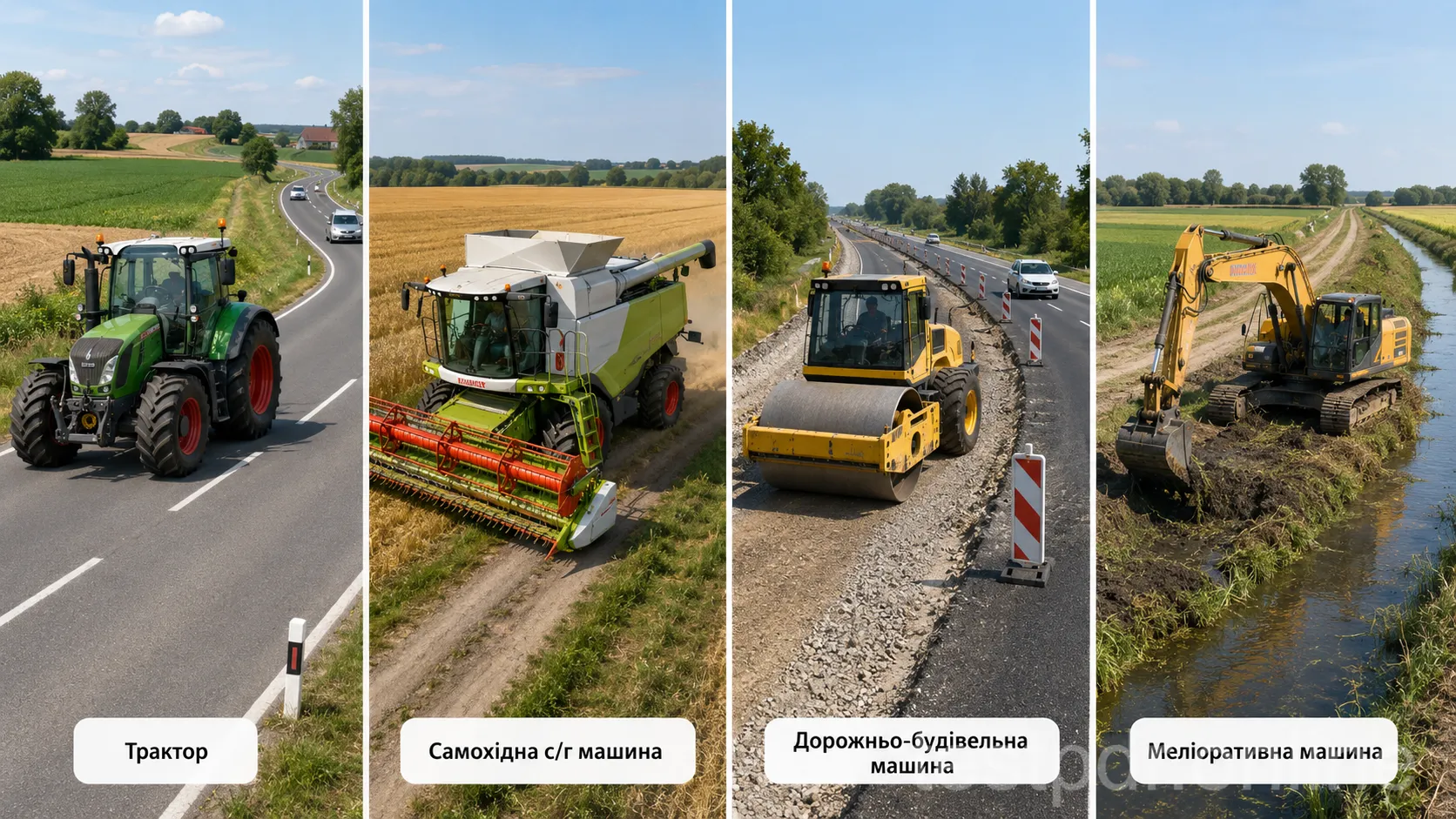 Поряд із трактором показані самохідна сільськогосподарська, дорожньо-будівельна та меліоративна машини.
