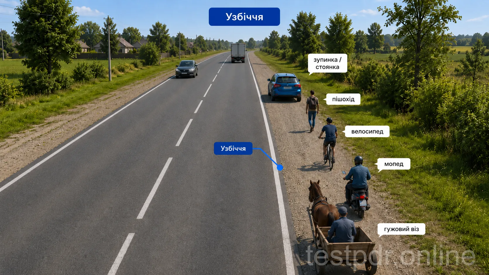 Узбіччя лежить поряд із проїзною частиною, але не продовжує її автомобільні смуги.