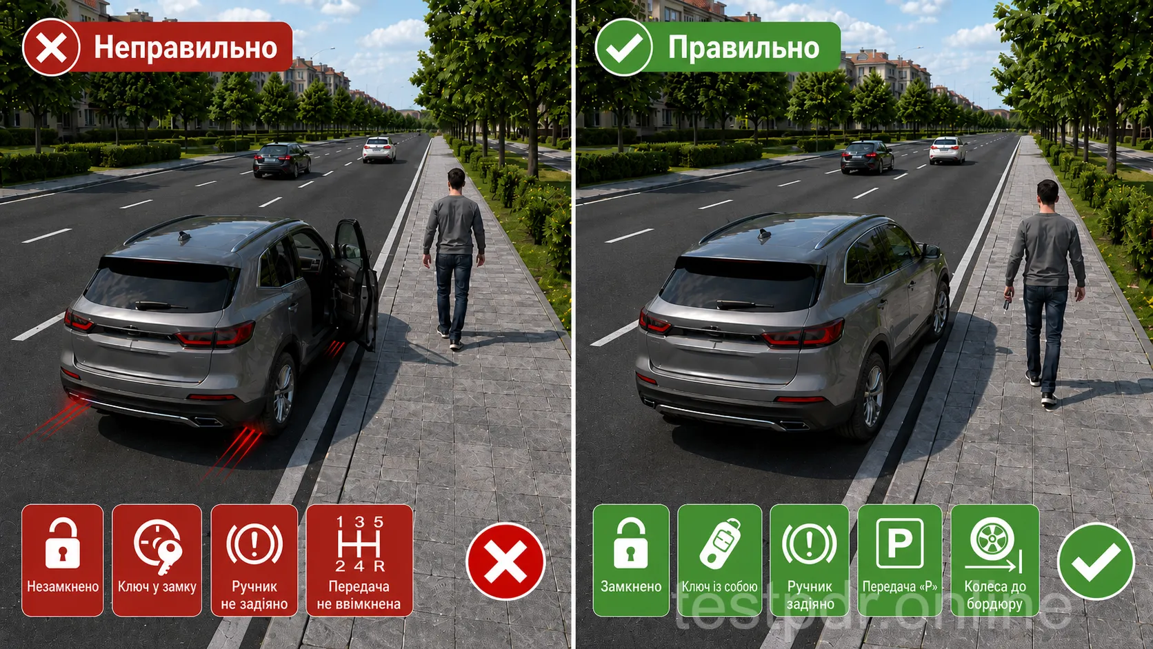 Перед виходом водій фіксує автомобіль і не залишає умов для його самовільного руху чи незаконного заволодіння.