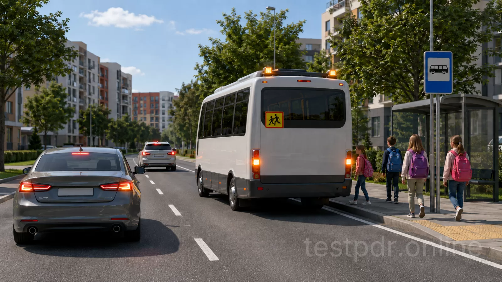 Біля зупиненого автобуса, який перевозить дітей і подає попереджувальні сигнали, водії на суміжній смузі зменшують швидкість.
