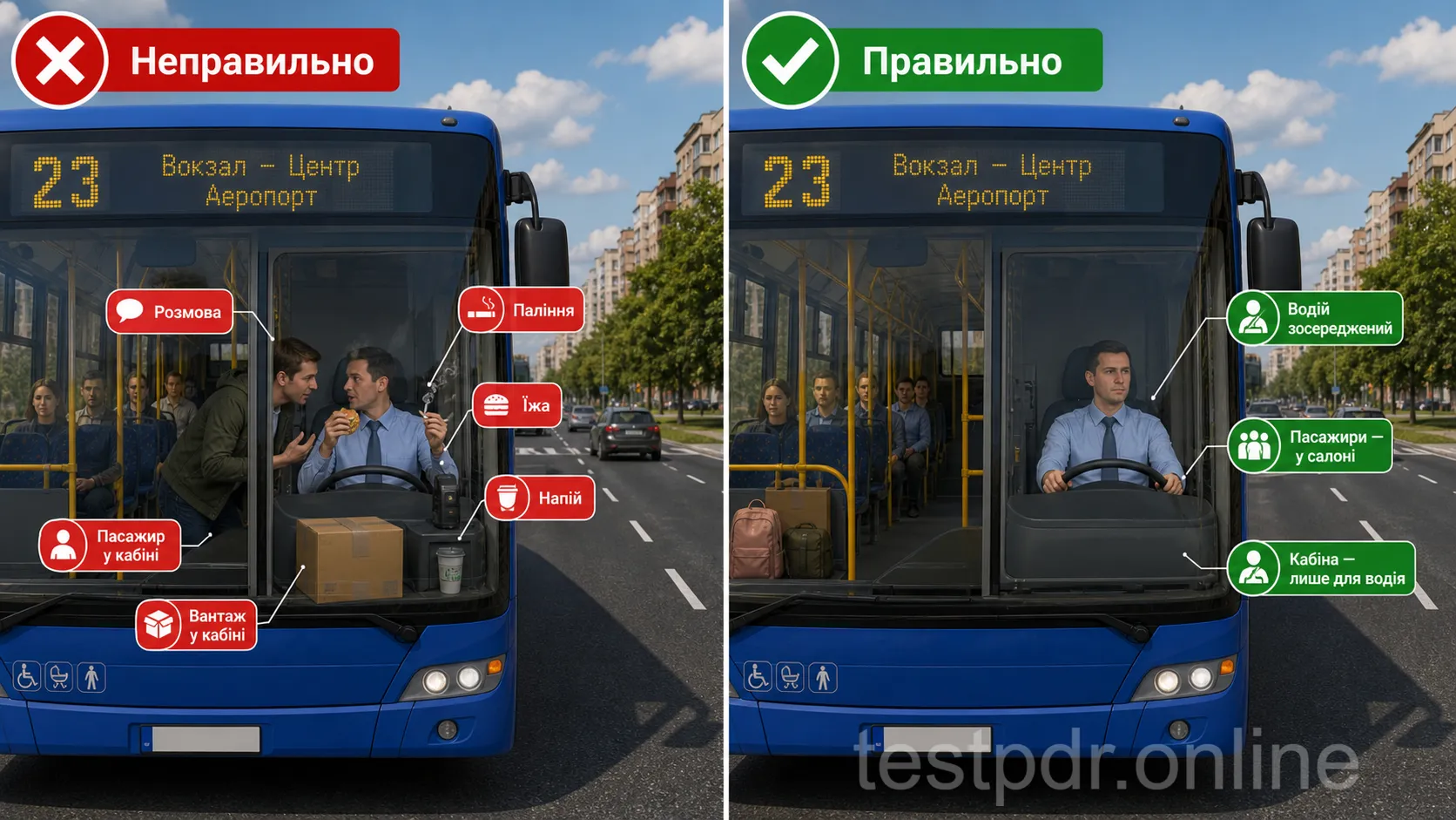 Під час перевезення пасажирів водій маршрутного транспорту не розмовляє з ними, не їсть, не п’є й не палить. У відокремленій від салону кабіні не перевозять пасажирів і вантаж.