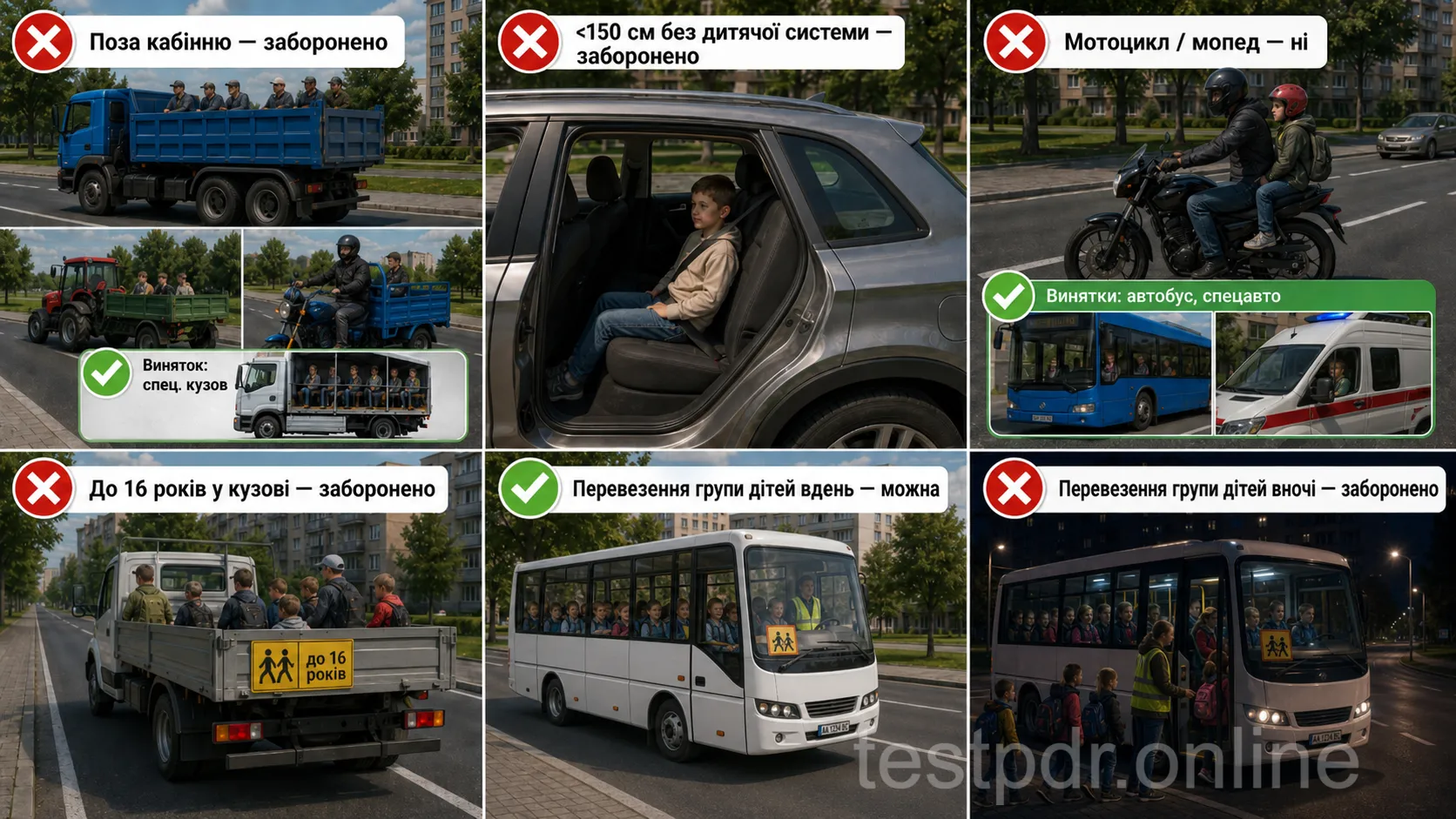 Заборони залежать від місця перевезення, віку та зросту пасажира. Зокрема, дітей до 16 років не перевозять у кузові будь-якої вантажівки. Обладнання сидінь цього не змінює.