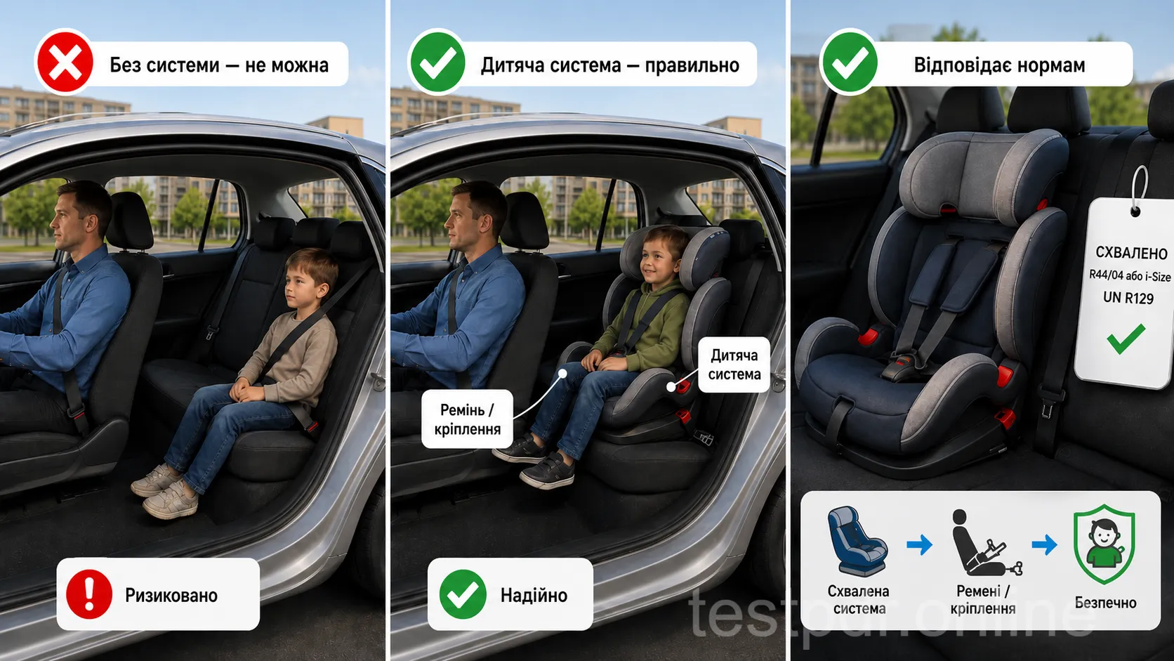 Штатний ремінь без належної дитячої утримуючої системи не замінює її для дитини зростом менше 150 см.
