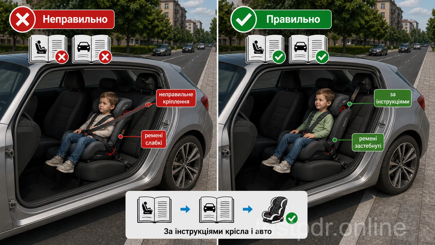 Дитячу систему встановлюють за інструкціями її виробника та автомобіля. Дитина повинна залишатися правильно пристебнутою під час перевезення.