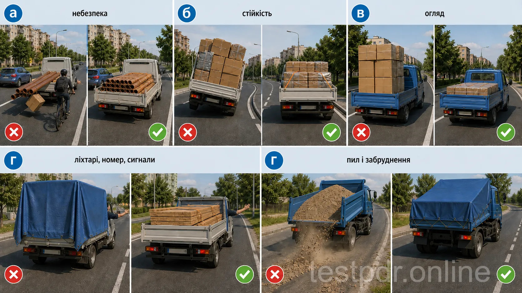 Перед перевезенням перевіряють кріплення вантажу, стійкість, огляд і керування, видимість сигналів та позначень, відсутність падіння й забруднення.