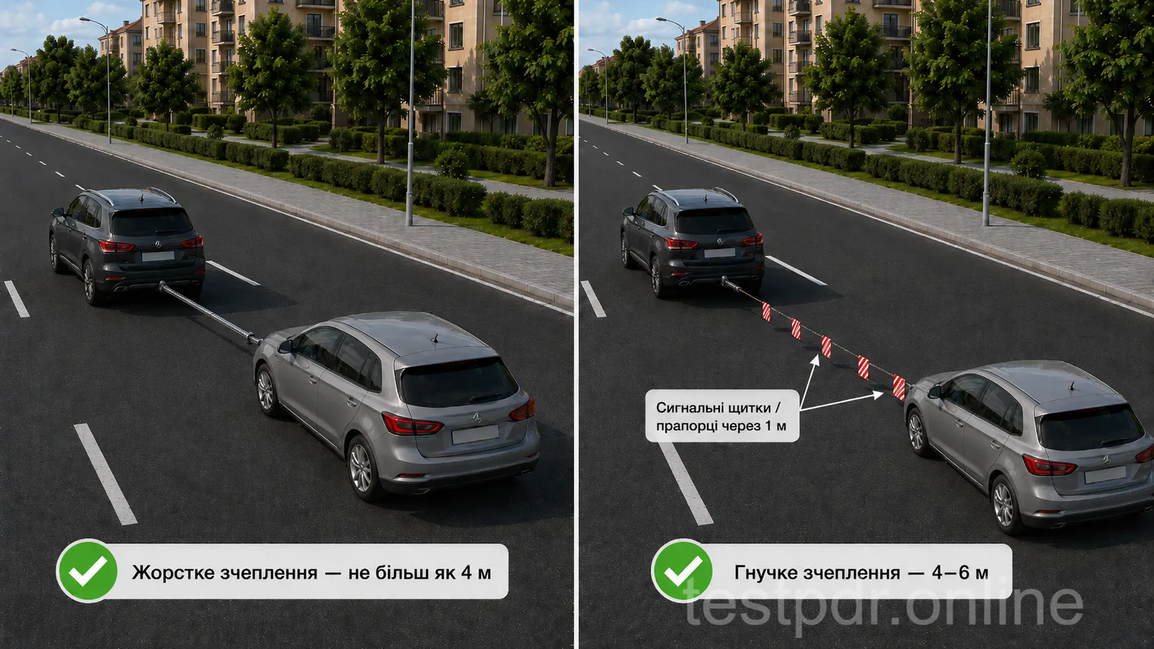 Гнучке зчеплення має забезпечувати 4–6 м між автомобілями, жорстке — не більше 4 м. Звичайний трос позначають через кожний метр.