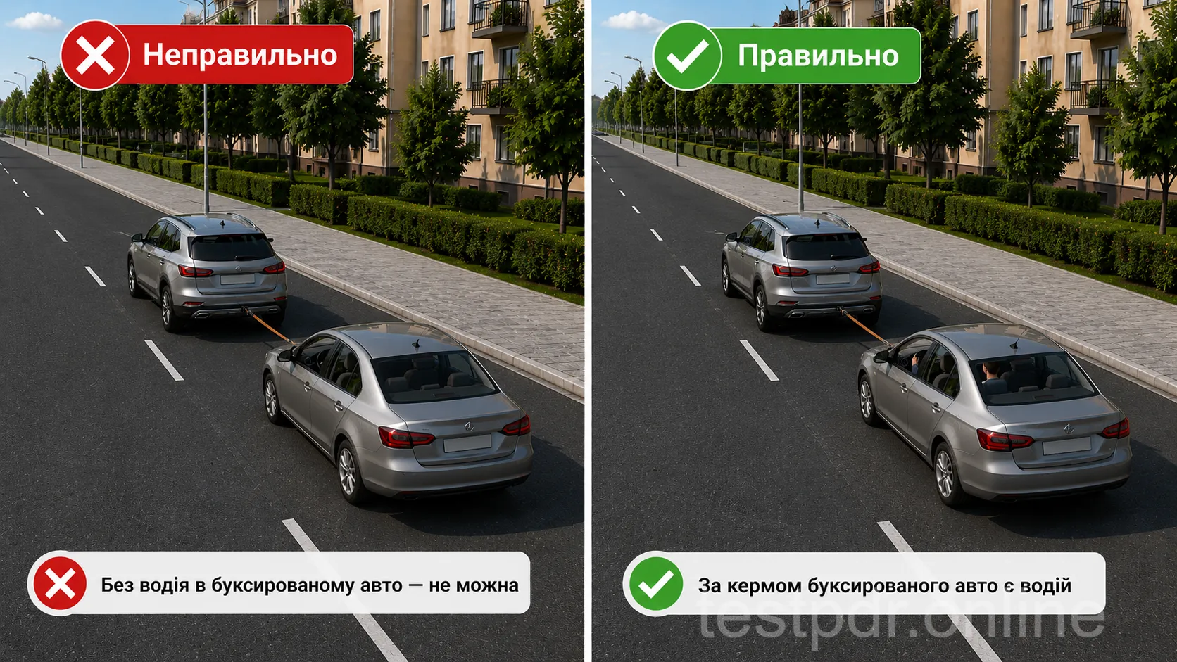 На гнучкому або жорсткому зчепленні буксированим автомобілем керує водій. Виняток — жорстке зчеплення, конструкція якого забезпечує повторення траєкторії автомобіля, що буксирує.