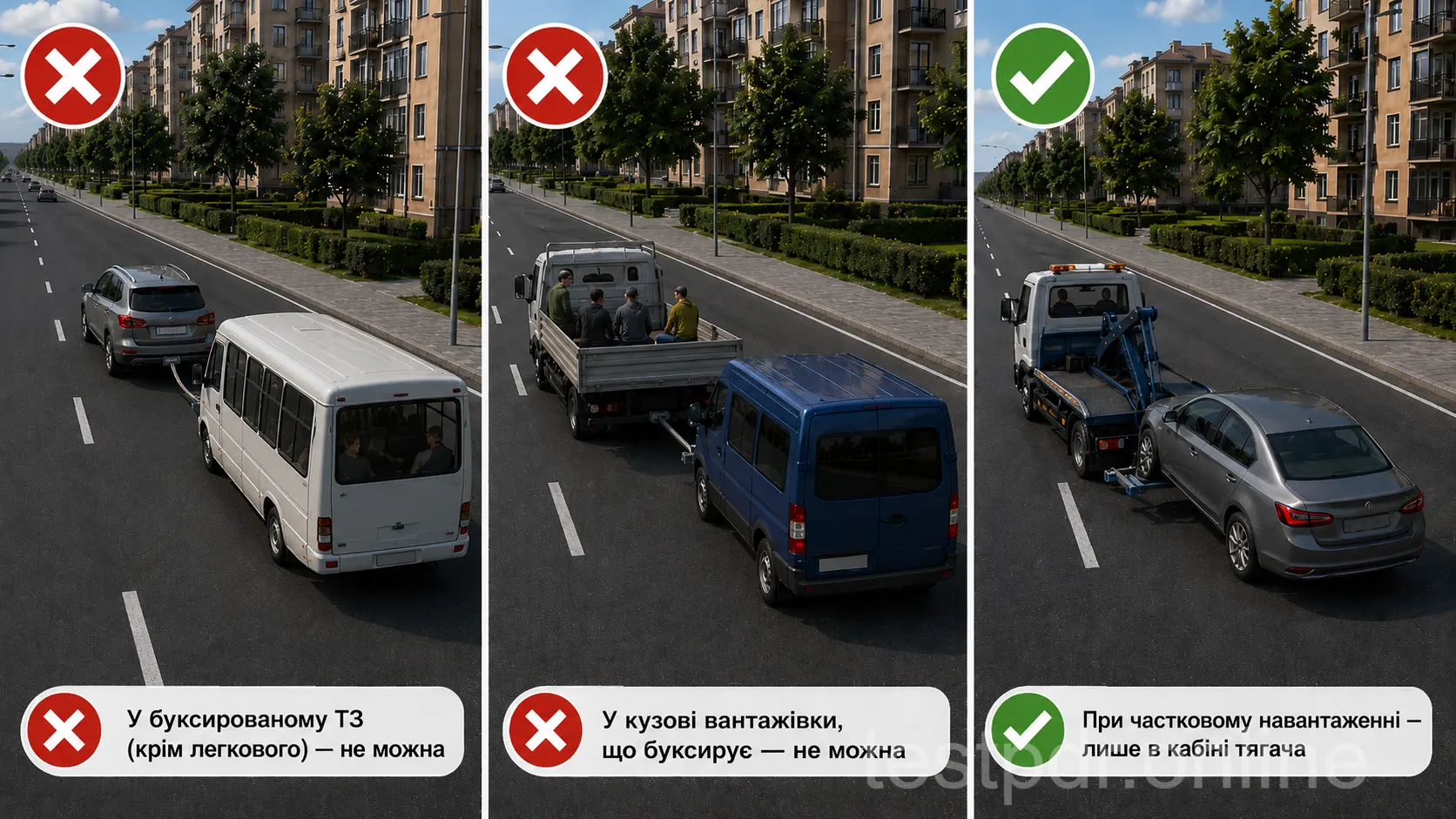 Місце пасажирів залежить від способу буксирування: виняток для легкового автомобіля на зчепленні не діє за часткового навантаження.