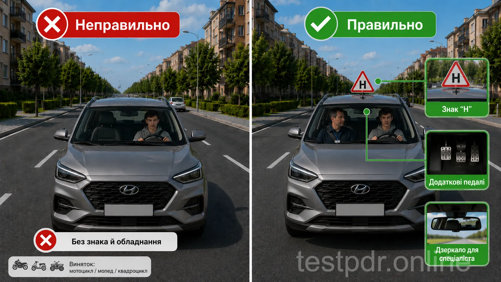 Навчальний легковий автомобіль потребує належного позначення, додаткових органів керування та дзеркала для спеціаліста.