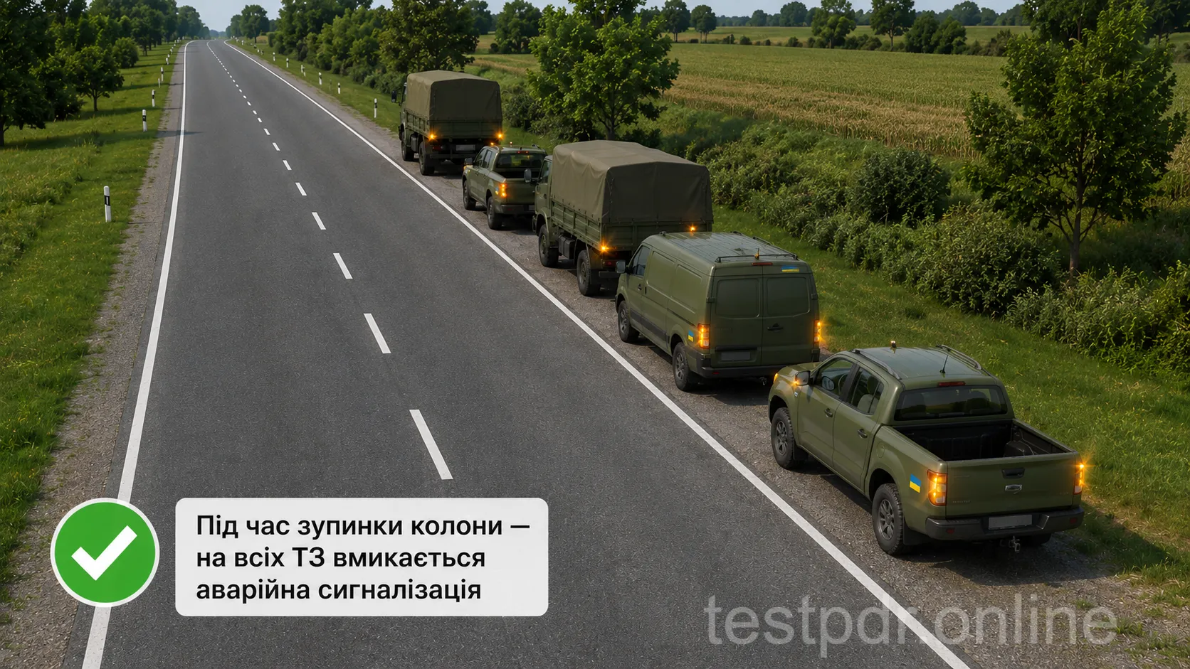 Коли колона зупиняється на дорозі, аварійну сигналізацію вмикають на всіх її транспортних засобах.