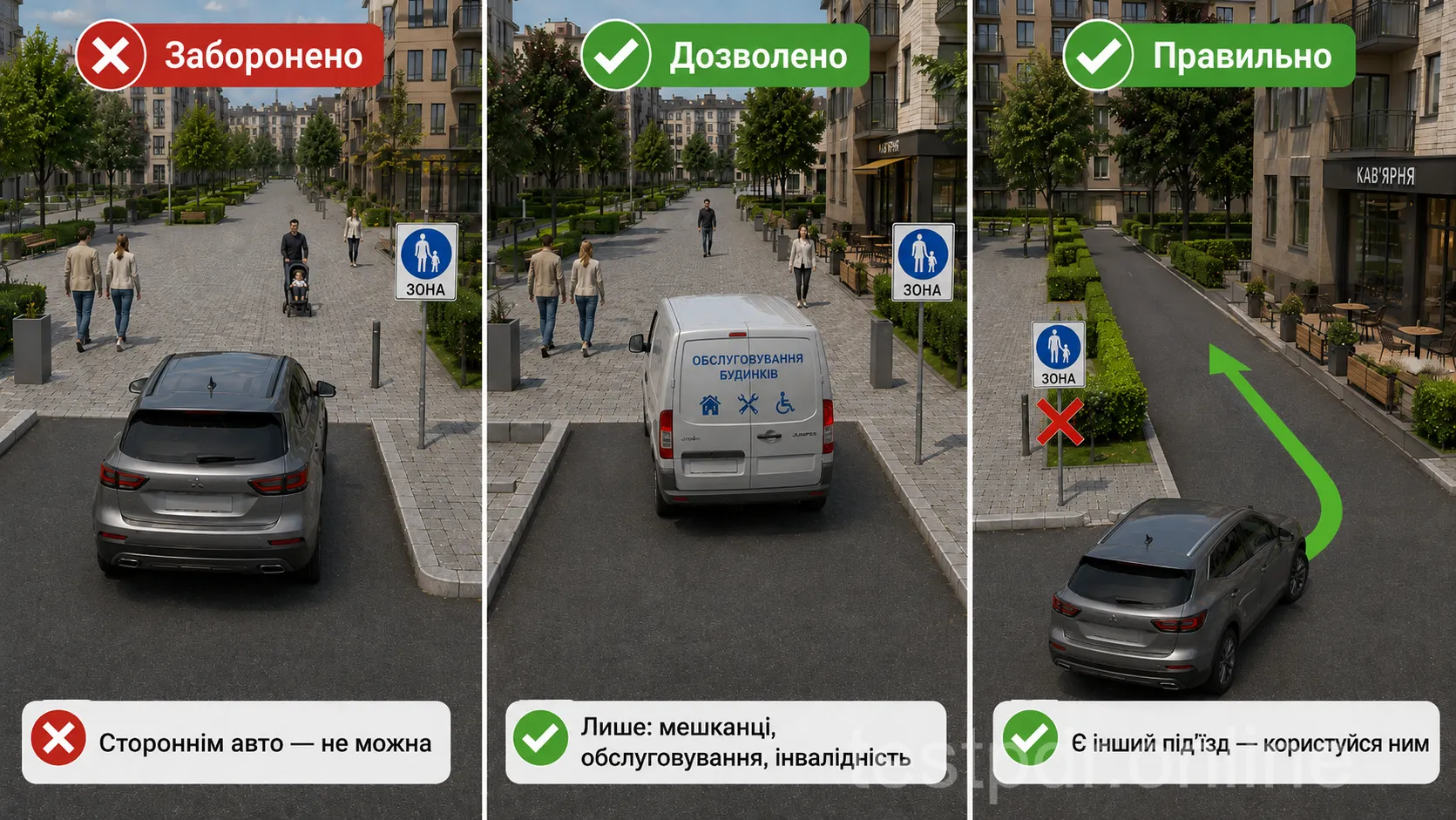В’їзд у пішохідну зону дозволений для обслуговування, транспорту людей, які там живуть або працюють, та передбаченого правилами транспорту зі знаком «Водій з інвалідністю». Напис на схемі про мешканців неповний. За наявності іншого під’їзду до об’єкта користуються ним.