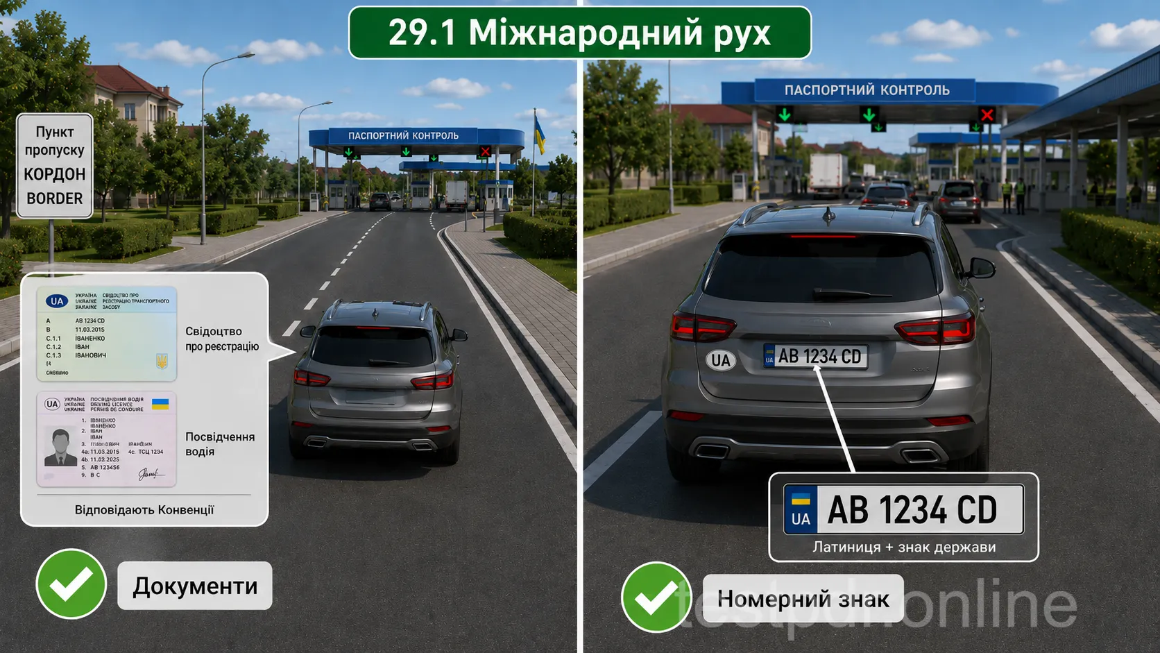 Для міжнародної поїздки перевіряють посвідчення водія, реєстраційні документи, номери та позначення держави. Макети документів на схемі умовні. Чинні вимоги до їхнього оформлення перевіряють у відповідних офіційних органах.