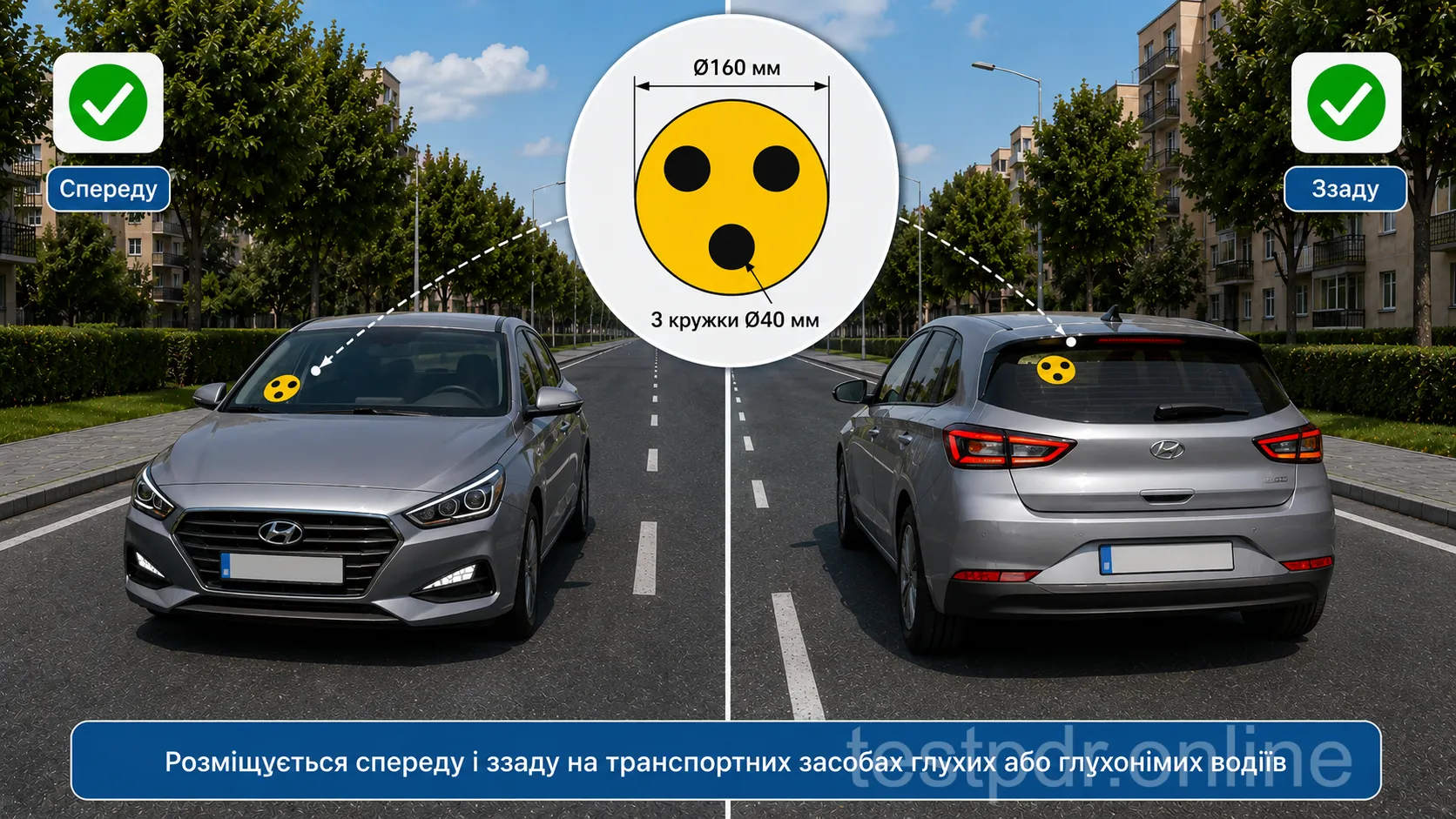 «Глухий водій»: жовтий круг із трьома чорними кружками встановлюють спереду і ззаду. Не покладайтеся лише на звуковий сигнал.
