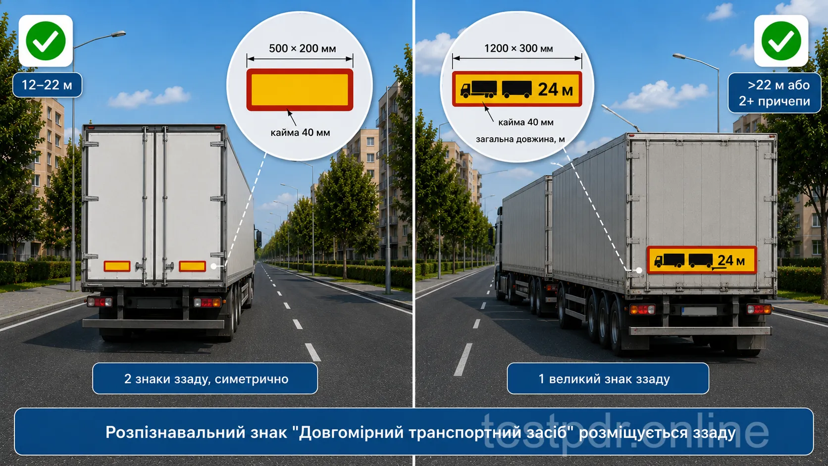 За довжини 12–22 м використовують два прямокутники 500 × 200 мм. За довжини понад 22 м або для автопоїзда з двома чи більше причепами потрібен один знак 1200 × 300 мм із зазначенням загальної довжини.