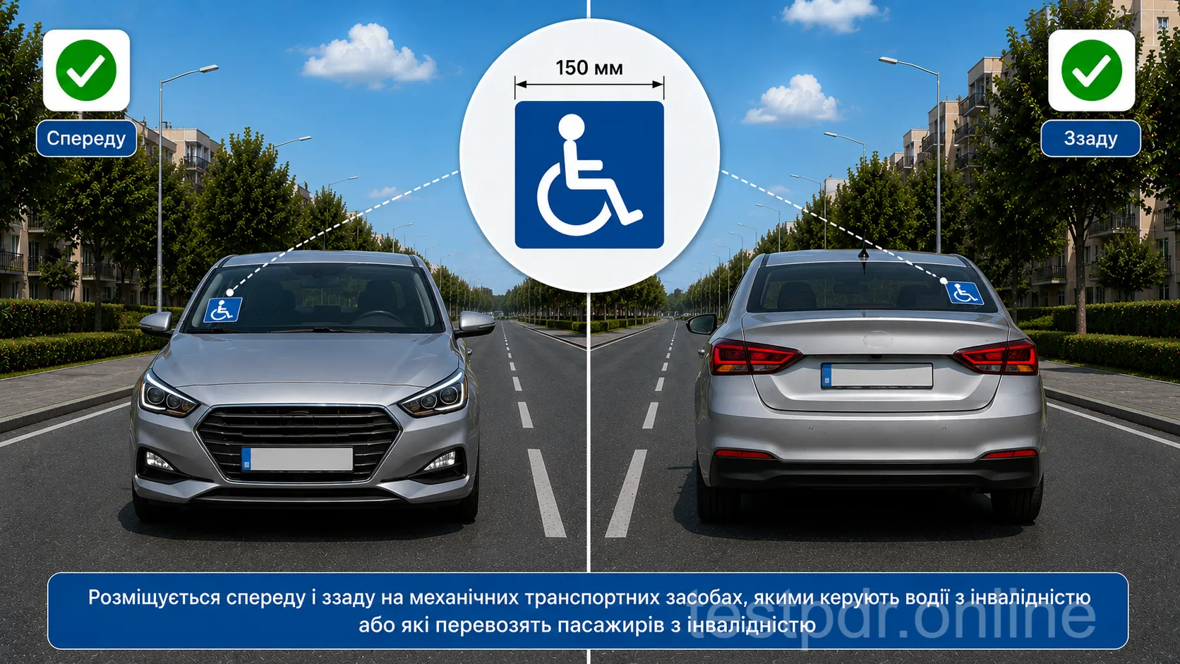 «Водій з інвалідністю»: синій квадрат із білим символом розміщують спереду і ззаду за передбачених правилами умов.