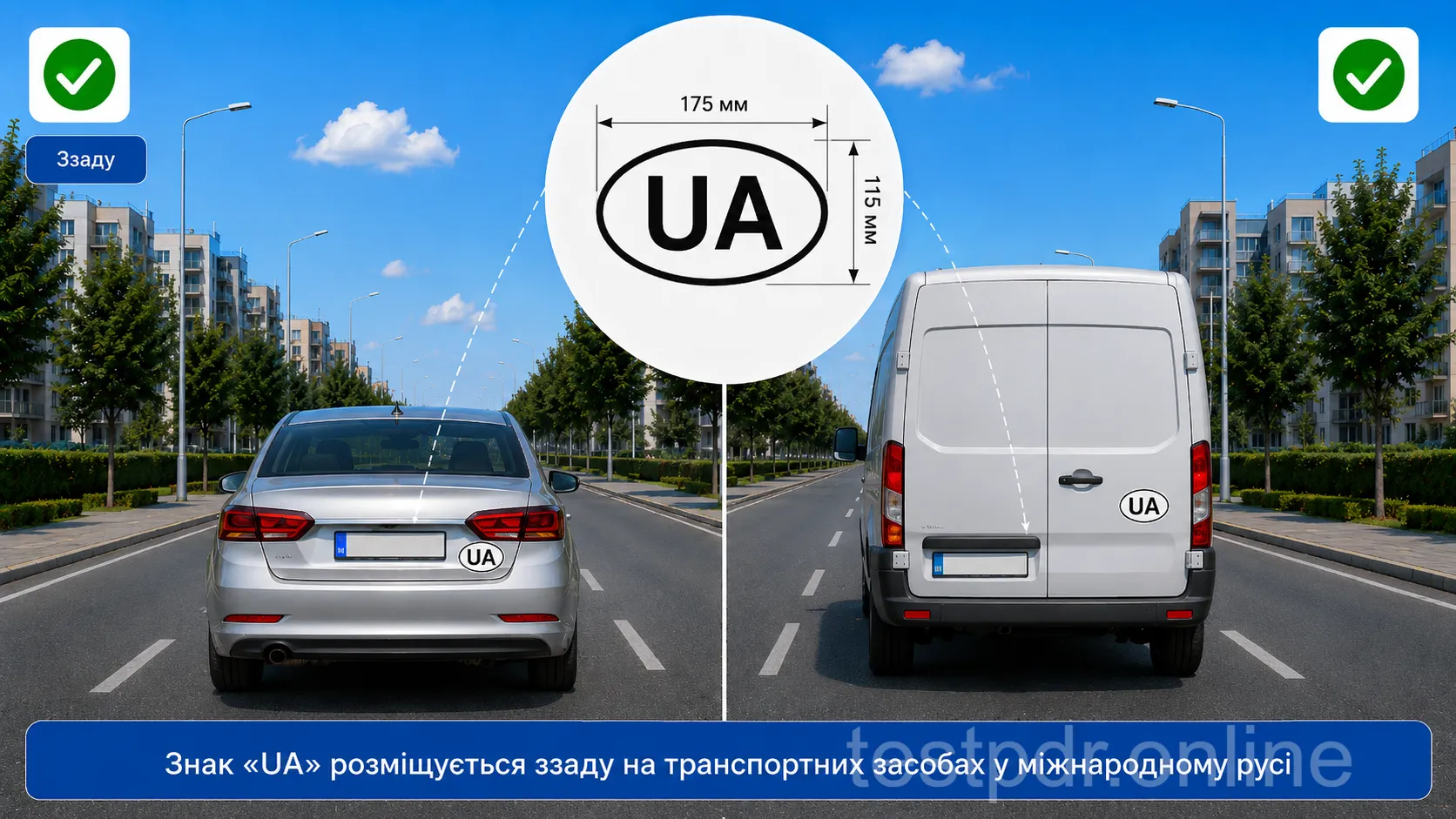 Білий овал із літерами UA розміщують ззаду. Окремий овал не потрібний, коли належне позначення держави вже є на номерному знаку.