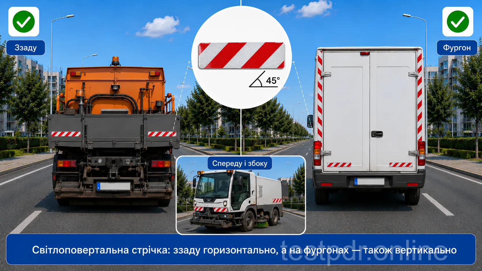 Розпізнавальна стрічка показує зовнішні межі транспортного засобу. На фургоні її розміщують також вертикально. Обов’язковість і додаткове розміщення спереду та з боків залежать від виду транспорту й робіт.