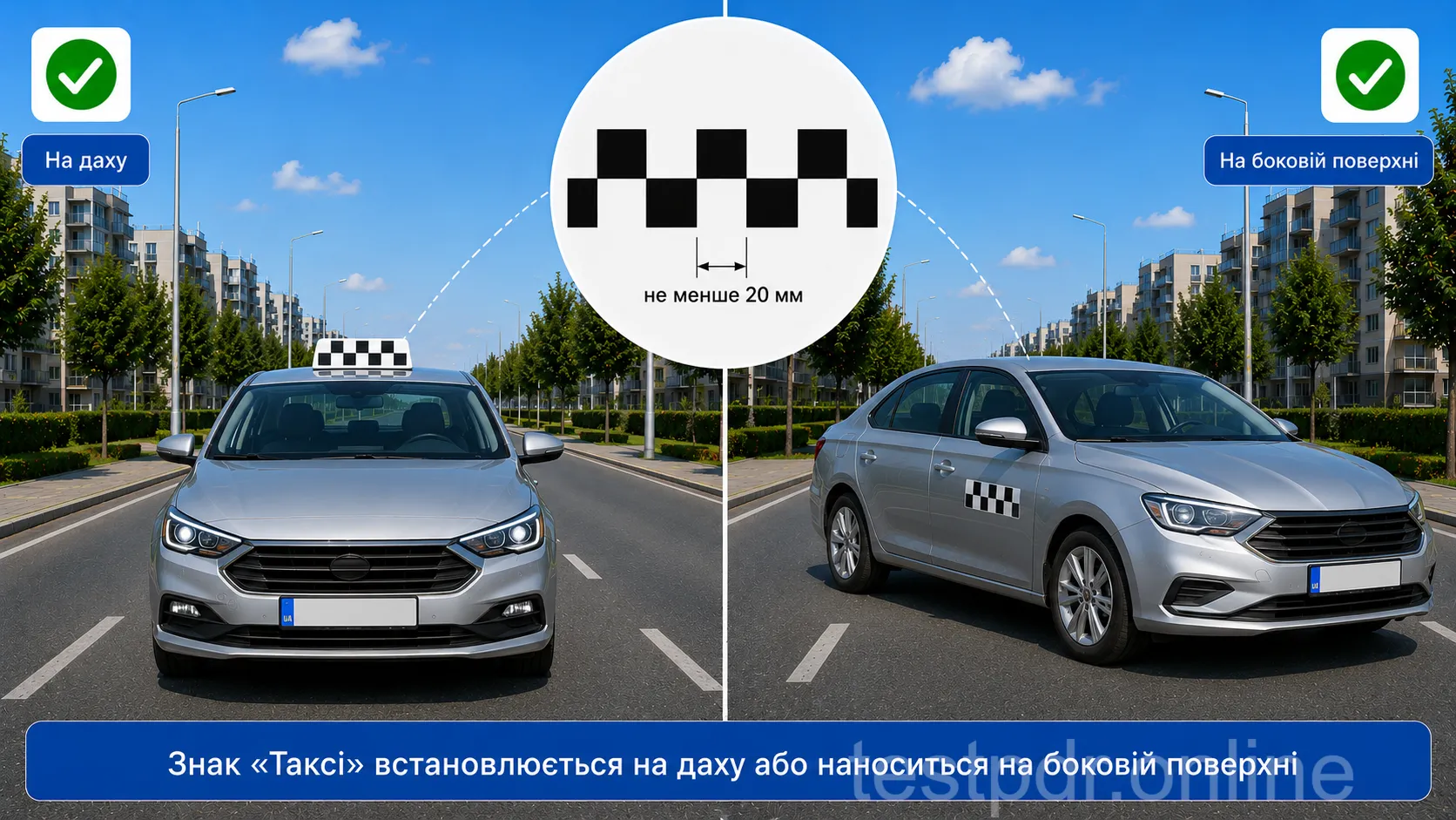 «Таксі»: щонайменше п’ять контрастних квадратів у два шахові ряди, на даху або бокових поверхнях автомобіля.