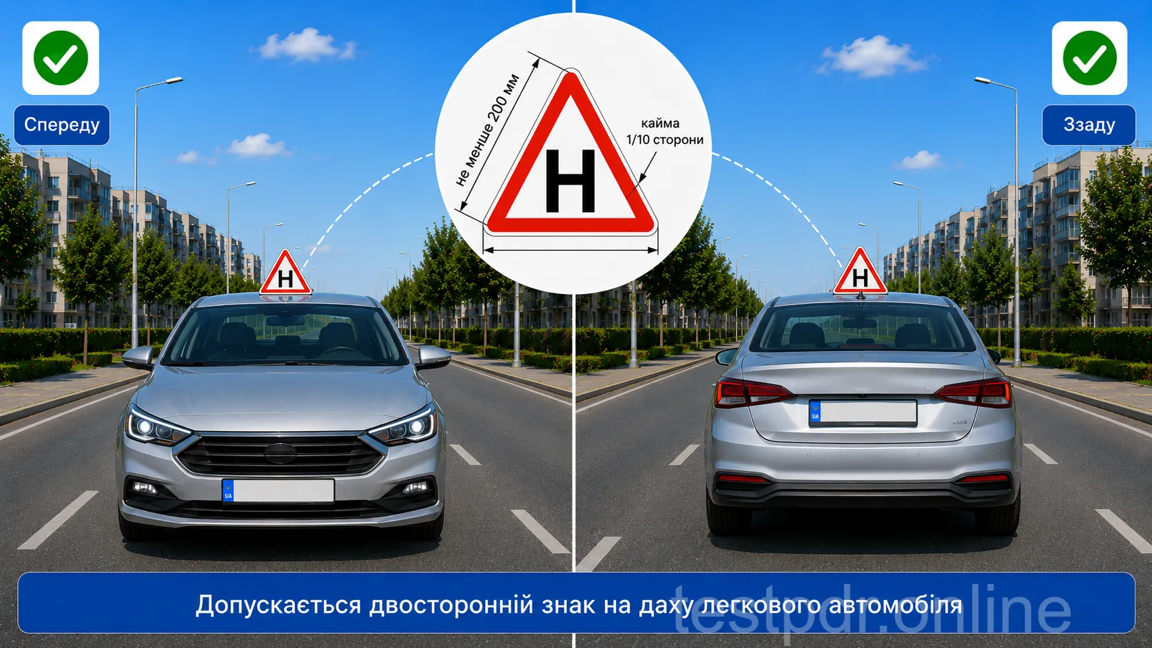 «Навчальний транспортний засіб» має літеру «Н». На легковому автомобілі дозволений двосторонній знак на даху.
