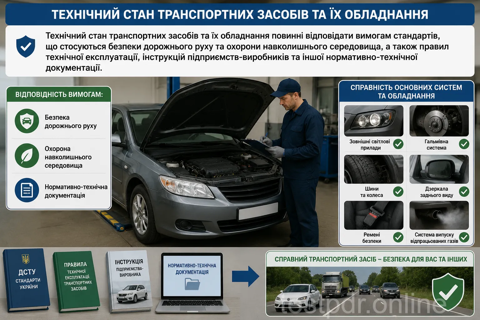 Перевірка охоплює весь автомобіль: гальма, кермо, шини, світло й обладнання. Обслуговування на СТО не скасовує перевірки перед виїздом.