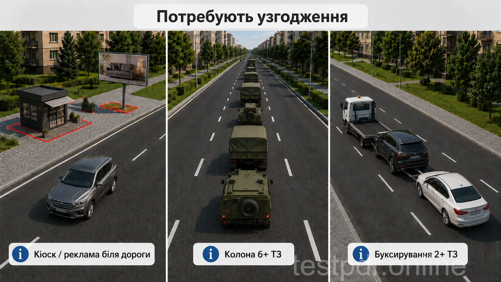 Три групи питань для погодження з поліцією. Червоні обводки ліворуч лише виділяють об’єкти. Межі містобудівних червоних ліній на схемі не показані. Частина про буксирування ілюструє кількість транспортних засобів. Спосіб і кріплення зчеплення визначають окремо.