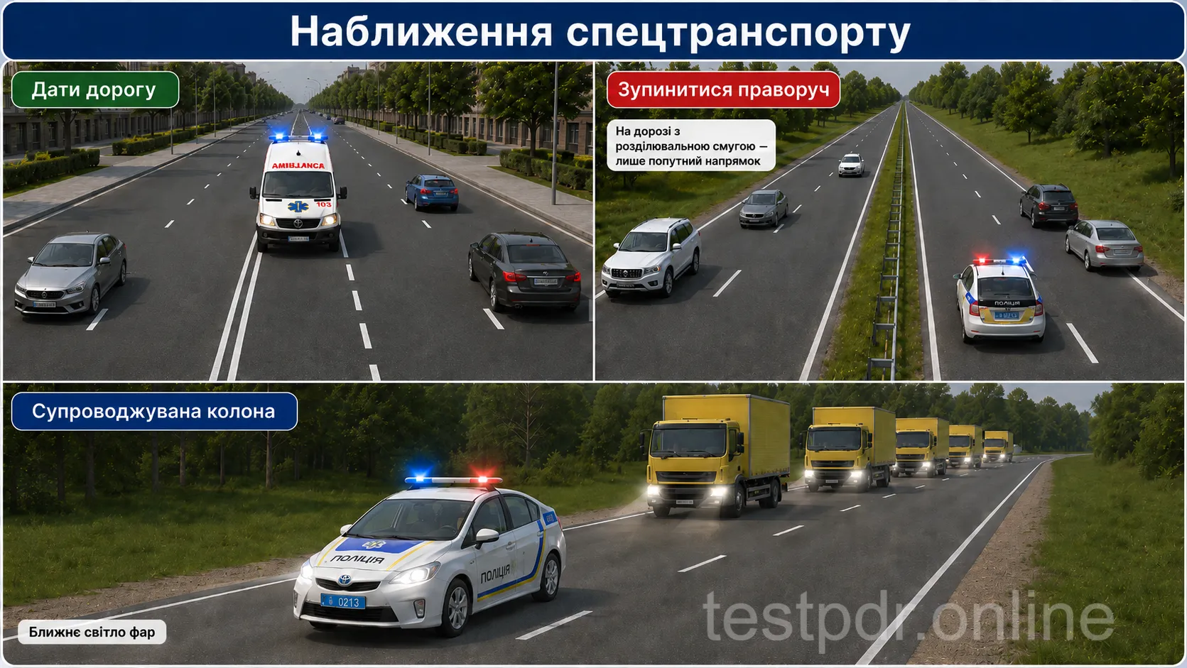 Визначте сигнал і простір для проїзду. Синій маячок або сирена зобов’язують не перешкоджати автомобілю, що наближається.