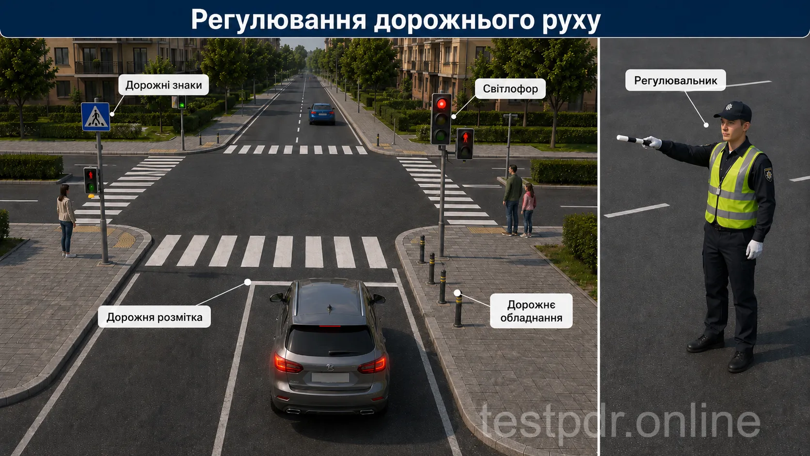 Знаки, розмітка, дорожнє обладнання, світлофор і регулювальник працюють як одна система організації руху.