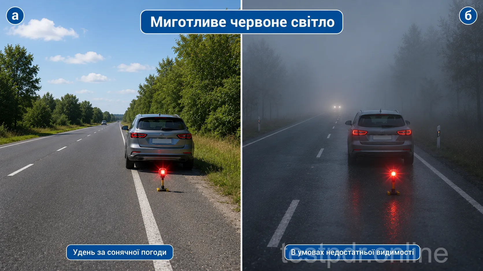 Приклади видимості миготливого червоного ліхтаря вдень і вночі. Зображення біля бампера не визначає відстань установлення. Після ДТП дотримуйтеся мінімуму 20 м у населеному пункті та 40 м поза ним.