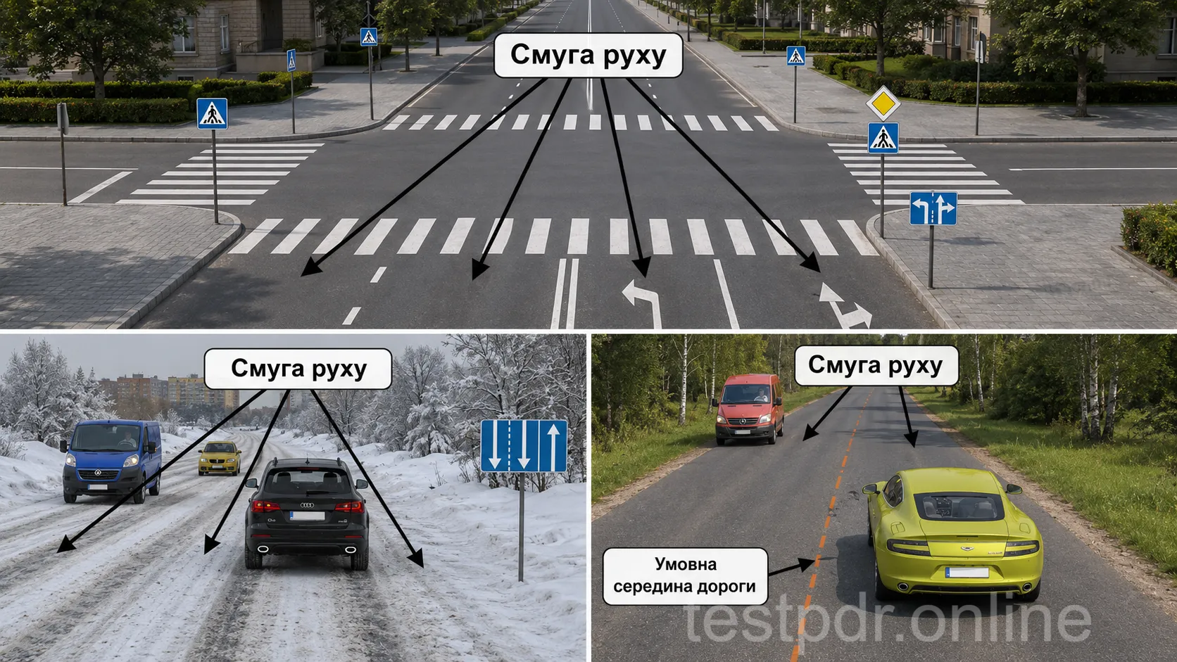 Смуги визначають за розміткою та організацією руху, а без них — за реальною шириною, габаритами автомобілів і безпечними інтервалами.