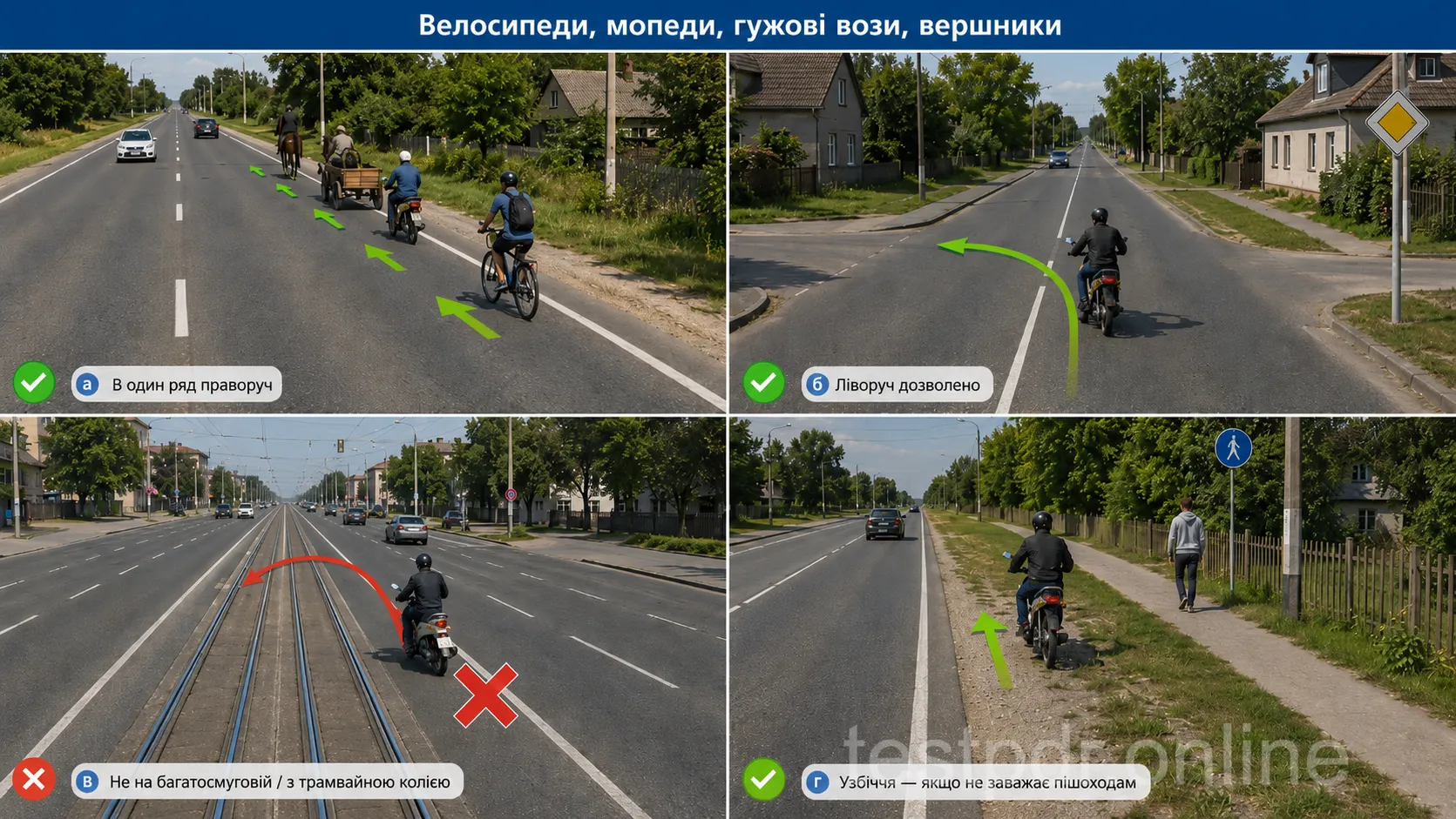 Велосипеди, мопеди, гужові вози й вершники рухаються в один ряд праворуч. Схема також показує умови лівого повороту та руху узбіччям.