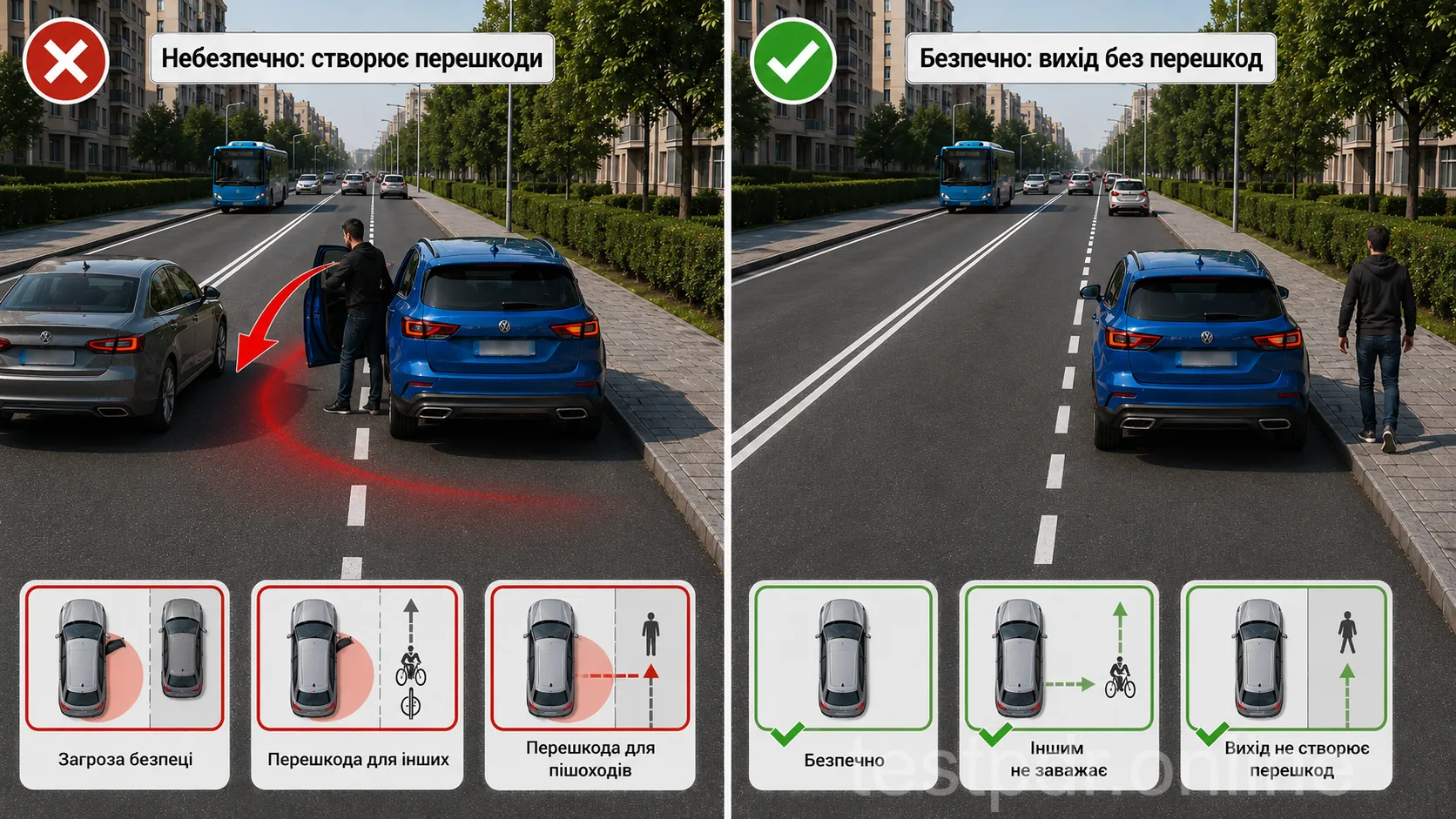 Перед виходом перевірте транспорт і людей поруч. Ілюстрація порівнює небезпечне відкривання дверей та вихід після перевірки простору.
