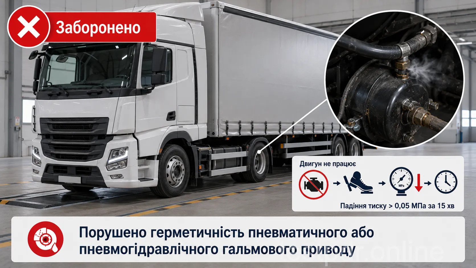 Для пневматичного й пневмогідравлічного приводу перевіряють падіння тиску: понад 0,05 МПа за 15 хвилин за вимкненого двигуна та приведених у дію гальм — заборонена несправність.